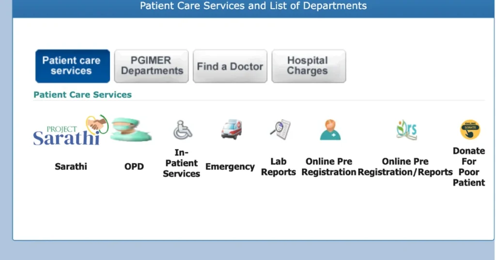 PGIMER patient care services portal showing OPD, emergency, lab reports and online pre-registration services